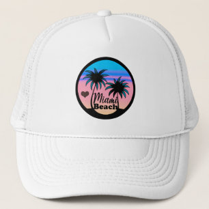 Miami Beach Blue and Pink Palm Trees Trucker Hat