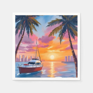 Miami Beach Boat Bay Sunset Watercolor Painting Napkin