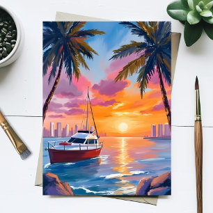 Miami Beach Boat Bay Sunset Watercolor Painting Postcard