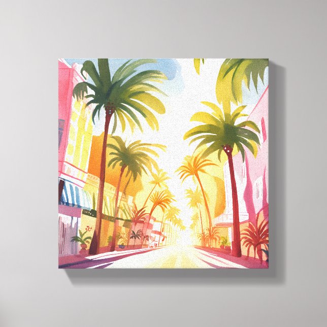 Miami Beach | Bright Colourful Watercolor Painting Canvas Print (Front)