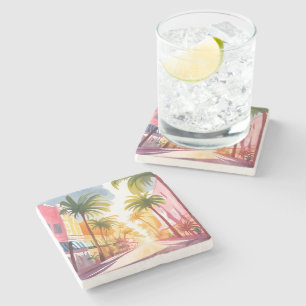 Miami Beach   Bright Colourful Watercolor Painting Stone Coaster