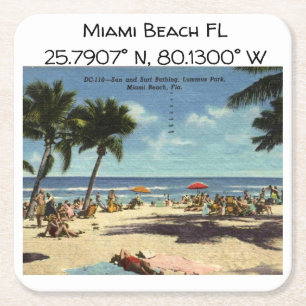 Miami Beach FL Map Coordinates Vintage Style Square Paper Coaster