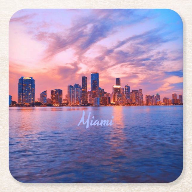 Miami Beach Florida City Skyline Square Paper Coaster (Front)