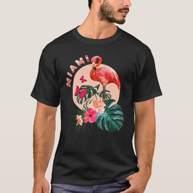 Miami Beach Florida Flamingo Sunset  Flowers Miami T-Shirt (Front)