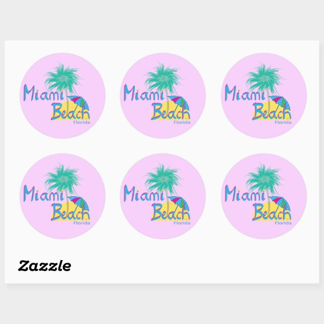 Miami Beach, Florida Palm and Sun Classic Round Sticker (Sheet)