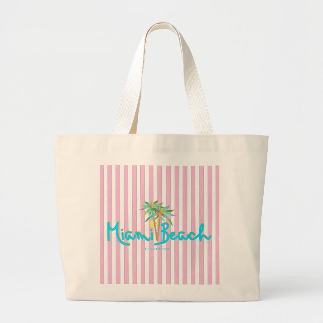 Miami Beach Florida Pink Stripped Tote Bag (Front)