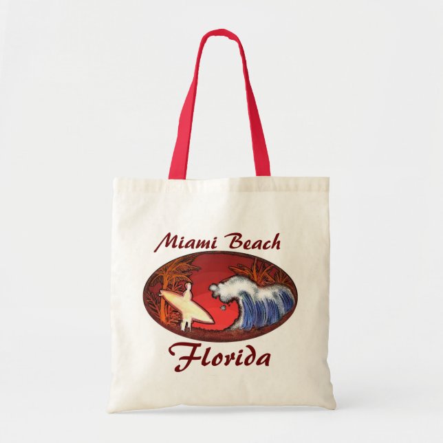 Miami Beach Florida vagues surfer art sac réutilis (Devant)
