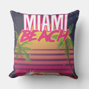 miami beach, florida vintage travel poster outdoor pillow