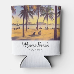 Miami Beach Florida Vintage Watercolor Art Can Cooler