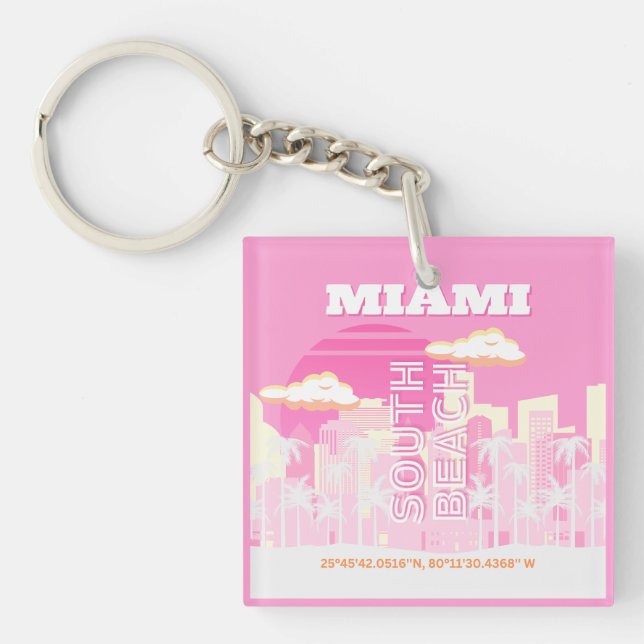 Miami Beach, Miami Travel Art, Preppy, Pink Keychain (Front)