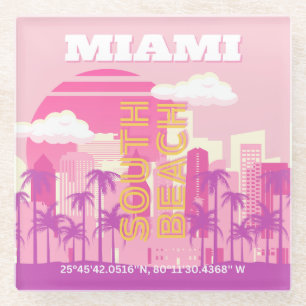 Miami Beach, Miami Travel Art, Preppy Room, Pink Glass Coaster