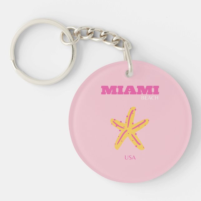 Miami Beach, Miami Travel Art, Preppy Room, Pink Keychain (Front)