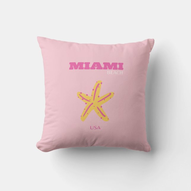 Miami Beach, Miami Travel Art, Preppy Room, Pink Throw Pillow (Front)