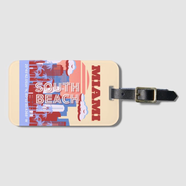 Miami Beach, Miami Travel Art, Retro Luggage Tag (Front Horizontal)