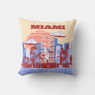 Miami Beach, Miami Travel Art, Retro Throw Pillow
