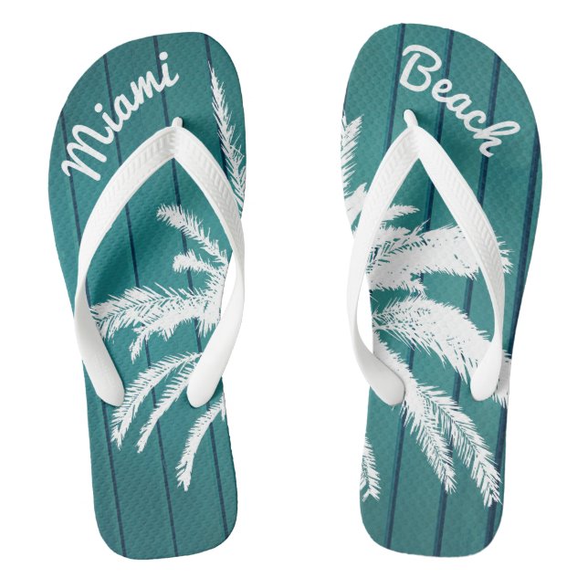 Miami Beach Palm Trees Blue and White Flip Flops (Footbed)