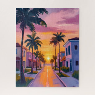 Miami Beach Sunset   Ocean Florida Watercolor Jigsaw Puzzle