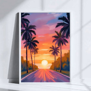 Miami Beach Sunset Palm Tree Tropical Poster