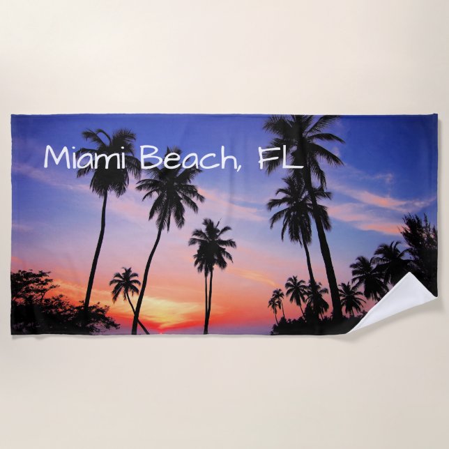 Miami Beach Tropical Scenic Sunset Beach Towel (Front)