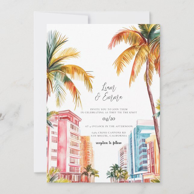Miami Beach Watercolor Wedding Invitation (Front)