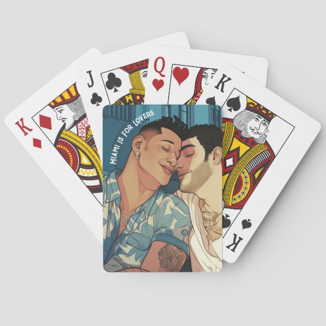 Miami Downtown Gay Men Cuddling Illustration Playing Cards (Back)