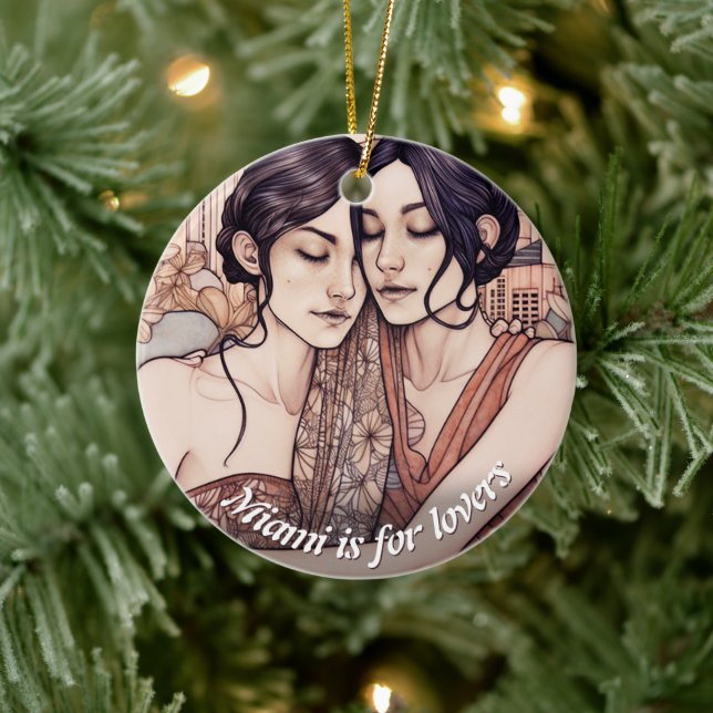 Miami Downtown Women Cuddling Lesbians Drawing Ceramic Ornament (Tree)