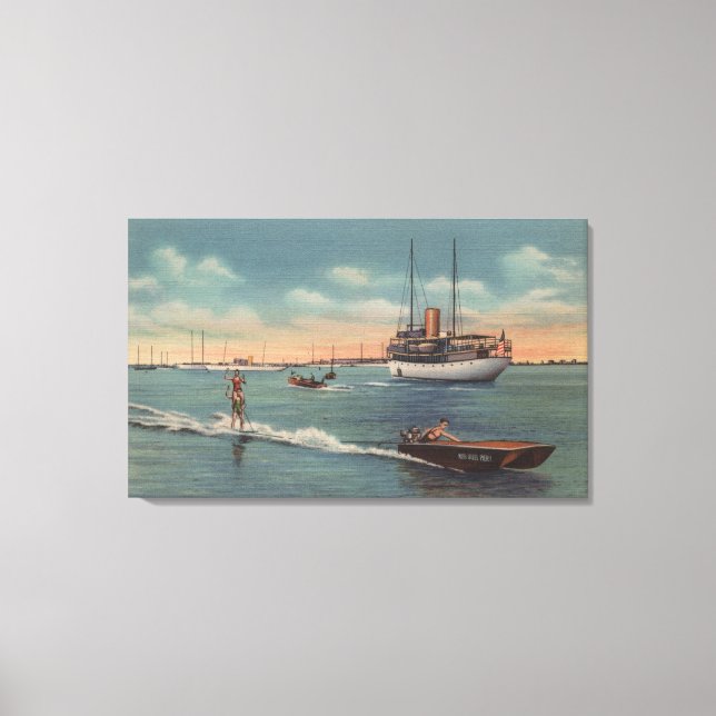 Miami, FL - Water Skiing Scene, Wooden Boat Canvas Print (Front)