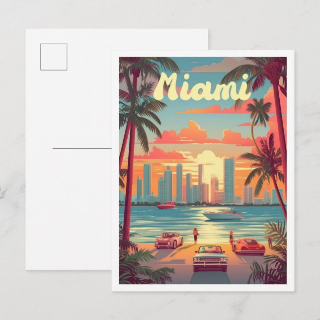 Miami Florida Art Vintage Travel Illustration Postcard (Front/Back)