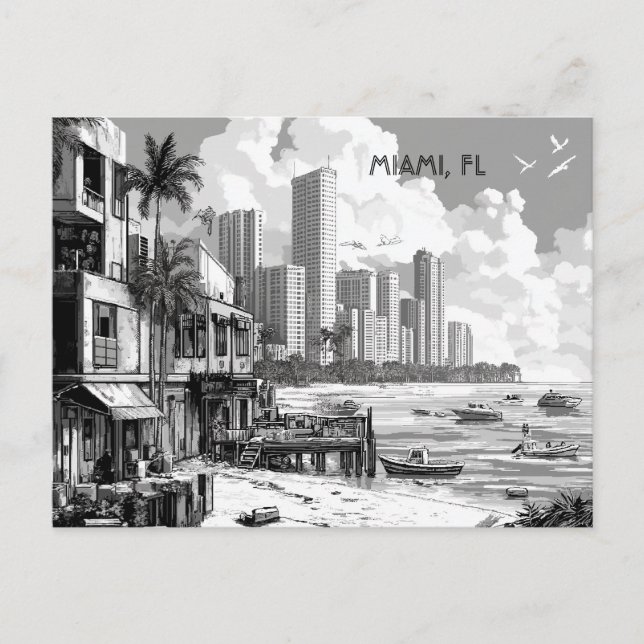 Miami Florida Black and White Travel Postcard (Front)