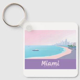 Miami Florida Coastline Cityscape Pastel Travel Keychain