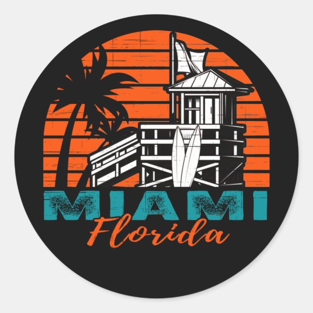 Miami Florida Life Guard Shack Sunset Classic Round Sticker (Front)