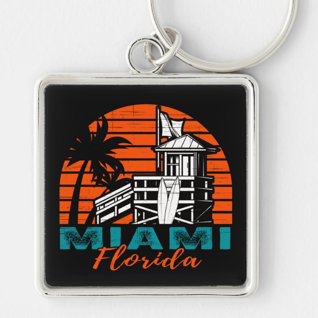 Miami Florida Life Guard Shack Sunset Keychain (Front)