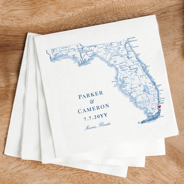 Miami Florida Map Elegant Wedding  Napkin (These Miami Florida map napkins add a touch of elegance to your Florida destination wedding)