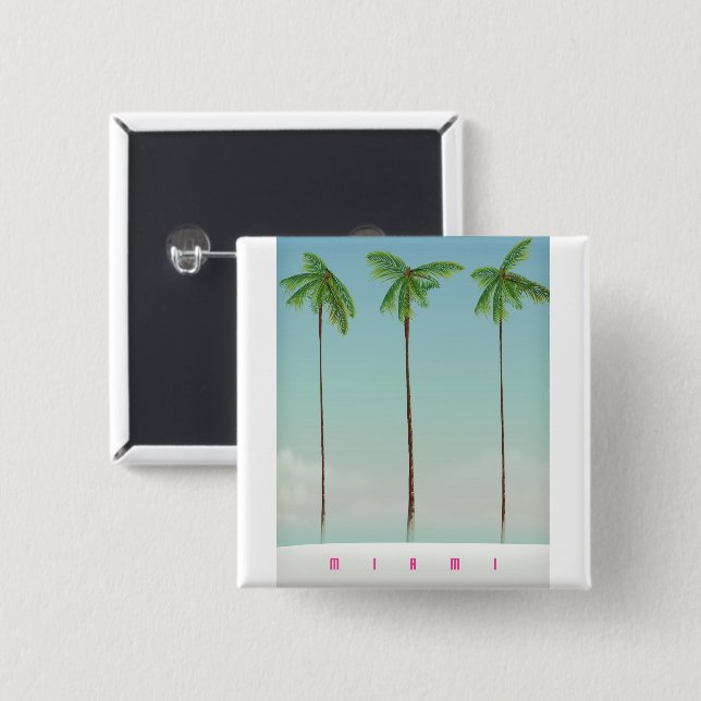 Miami, florida palm travel poster. 2 inch square button (Front & Back)