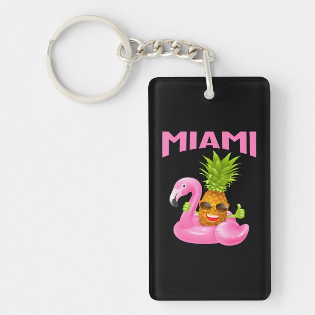 Miami Florida Pink Flamingo Pineapple Vacation Keychain (Front)