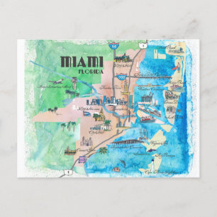 Miami Florida Retro Travel Map Postcard