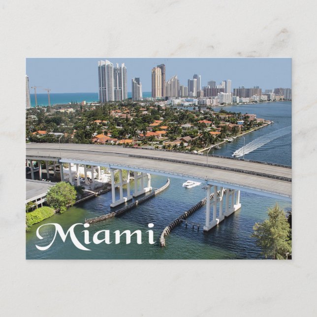 Miami Florida Skyline and Harbour At Night- USA Postcard (Front)