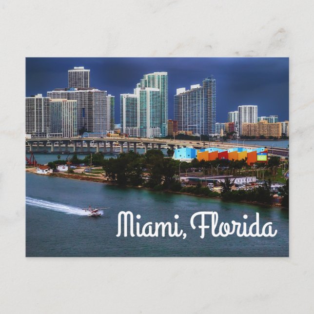 Miami Florida Skyline and Harbour At Night- USA Postcard (Front)