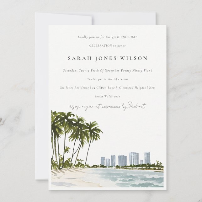 Miami Florida Watercolor Palm Landscape Birthday Invitation (Front)