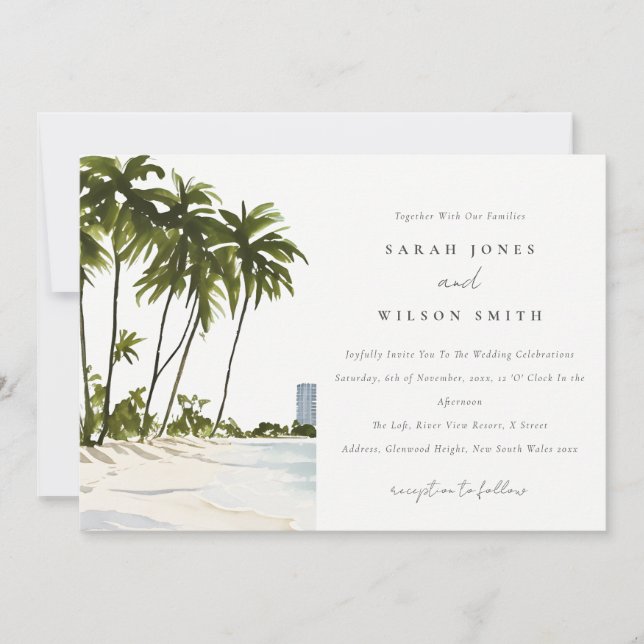 Miami Florida Watercolor Palm Landscape Wedding Invitation (Front)