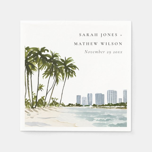 Miami Florida Watercolor Palm Landscape Wedding Napkin (Front)