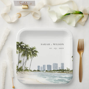 Miami Florida Watercolor Palm Landscape Wedding Paper Plate