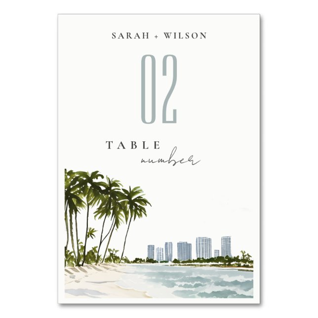Miami Florida Watercolor Palm Landscape Wedding Table Number (Front)