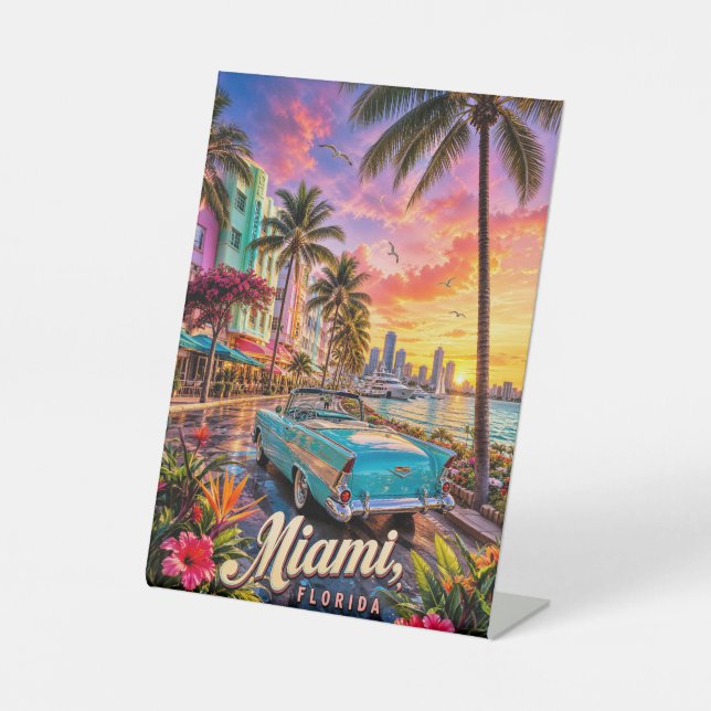 Miami Florida Waterfront Sunset Pedestal Sign (Front)