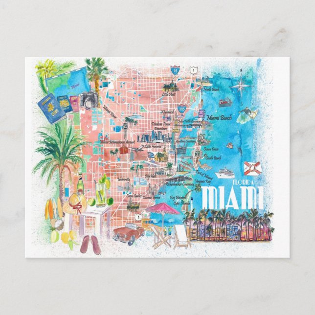 Miami Floride Carte de Voyage illustrée avec les r (Devant)