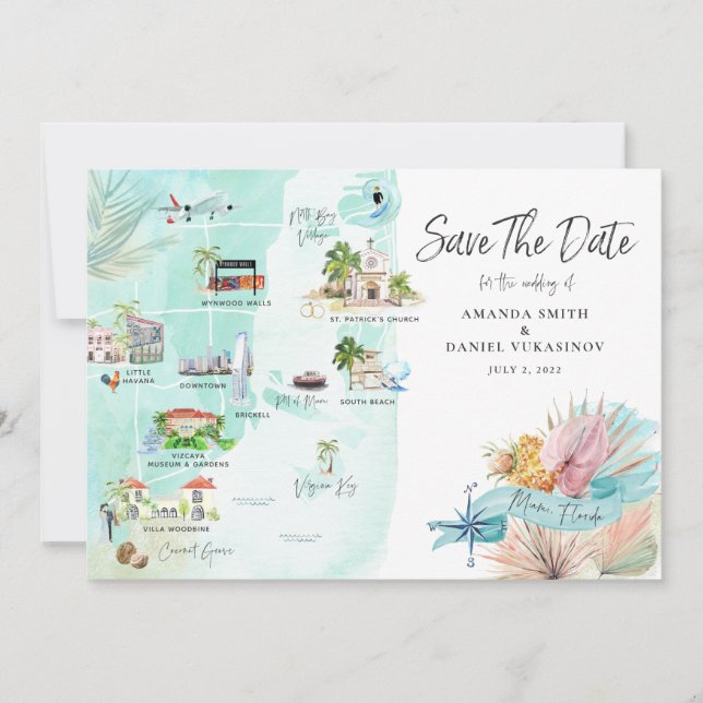 Miami Floride | Carte Itinéraire De Mariage De Des (Devant)