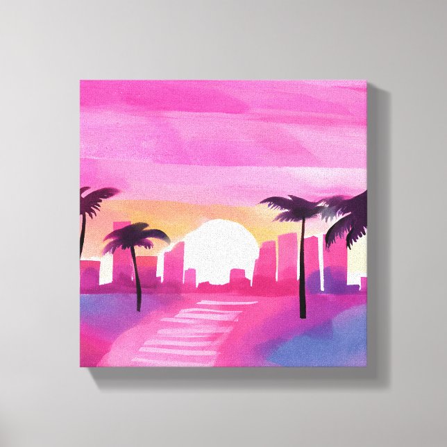 Miami in Pink | Bright Watercolor Painting Canvas Print (Front)
