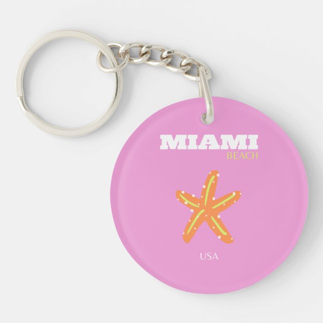 Miami, Miami Beach, Florida, Preppy, Pink, Orange Keychain (Front)