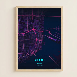 Miami Neon Print Florida City Map Wallart Poster 