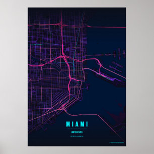 Miami Neon Print Florida City Map Wallart Poster 